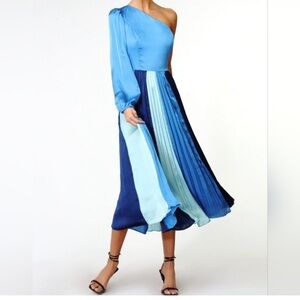 ADELYN RAE Cher‎ One Shoulder Pleated Satin Blue Colorblock Midi Dress Formal XS